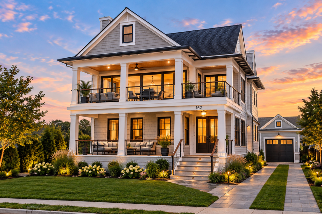 Three-story house with wraparound porch, white columns, and warm interior lights at sunset.